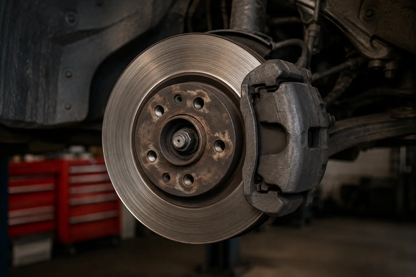 Illustrative view of a disc brake rotor and caliper with the wheel removed