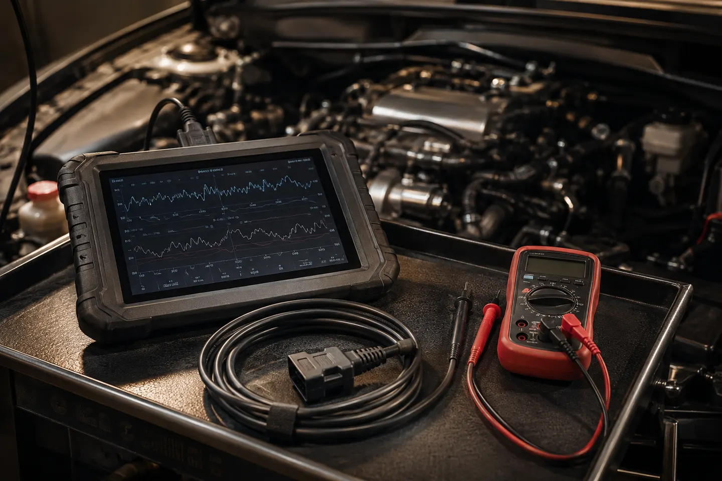 Illustrative view of a diagnostic tablet and multimeter beside a car engine