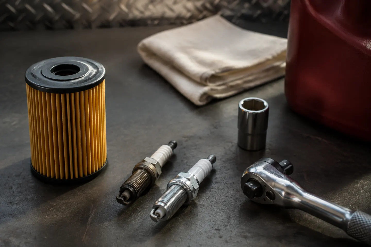 Illustrative view of an oil filter, spark plugs and hand tools